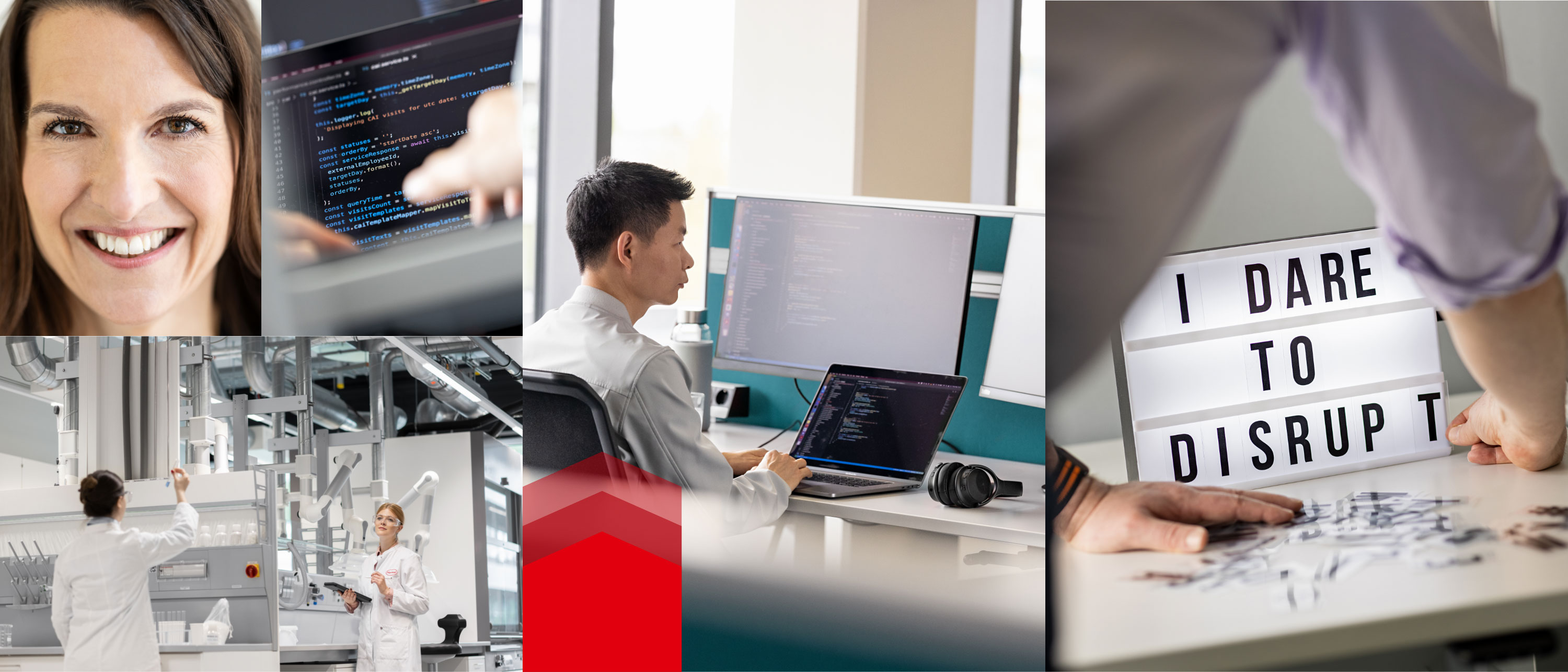 Un collage des lieux de travail Henkel. Images de la technologie, de la transformation numérique et des idées neuves. 