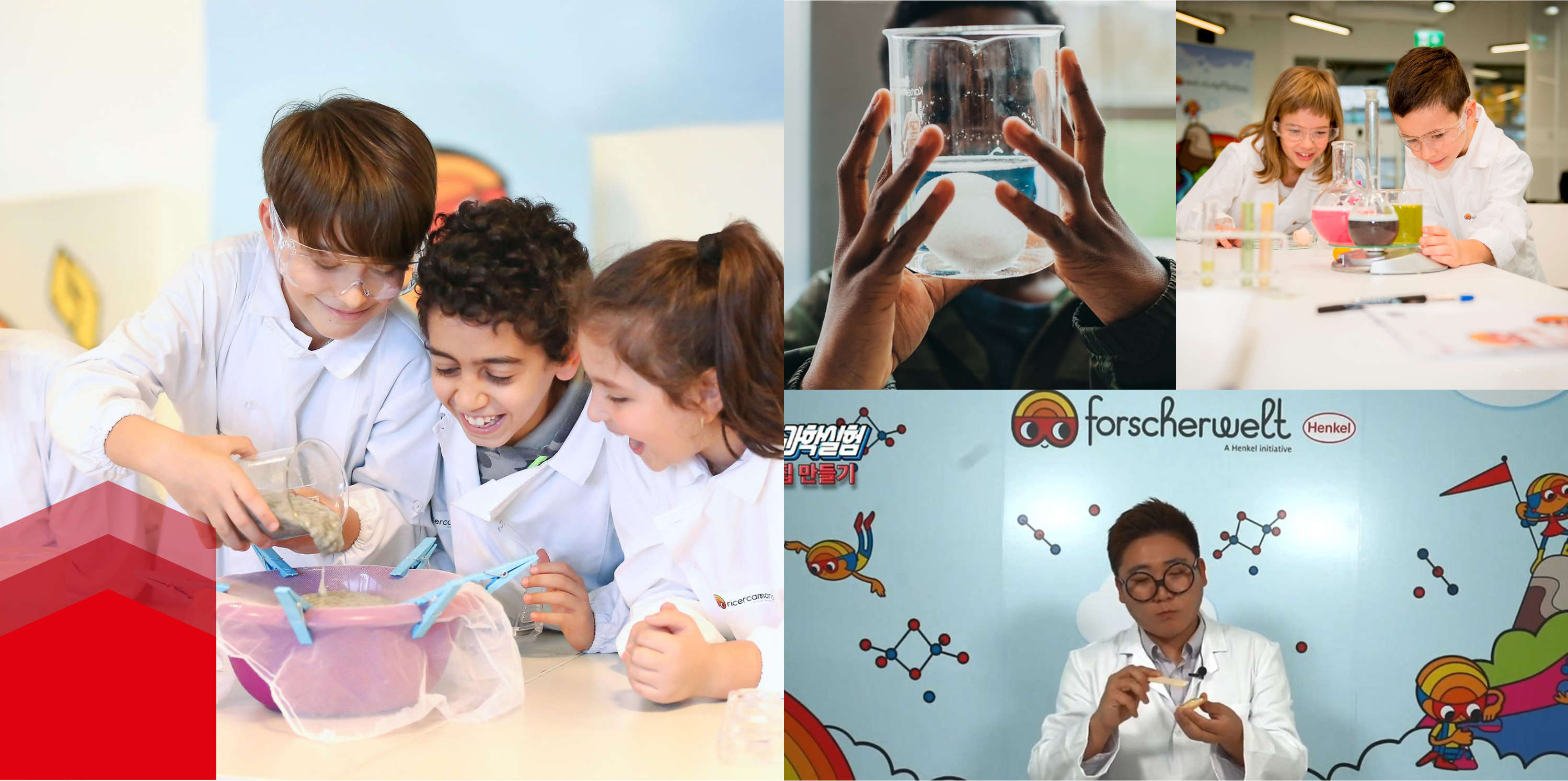Een collage van afbeeldingen van kinderen die experimenteren bij "Forscherwelt".