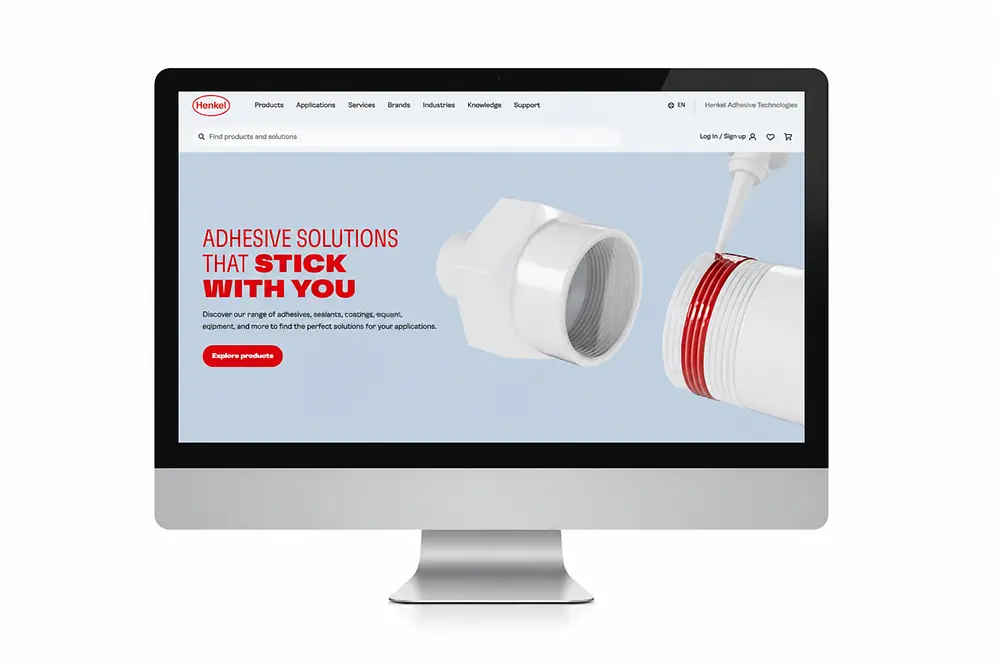 Monitorscherm met de website van Henkel Adhesive Technologies.
