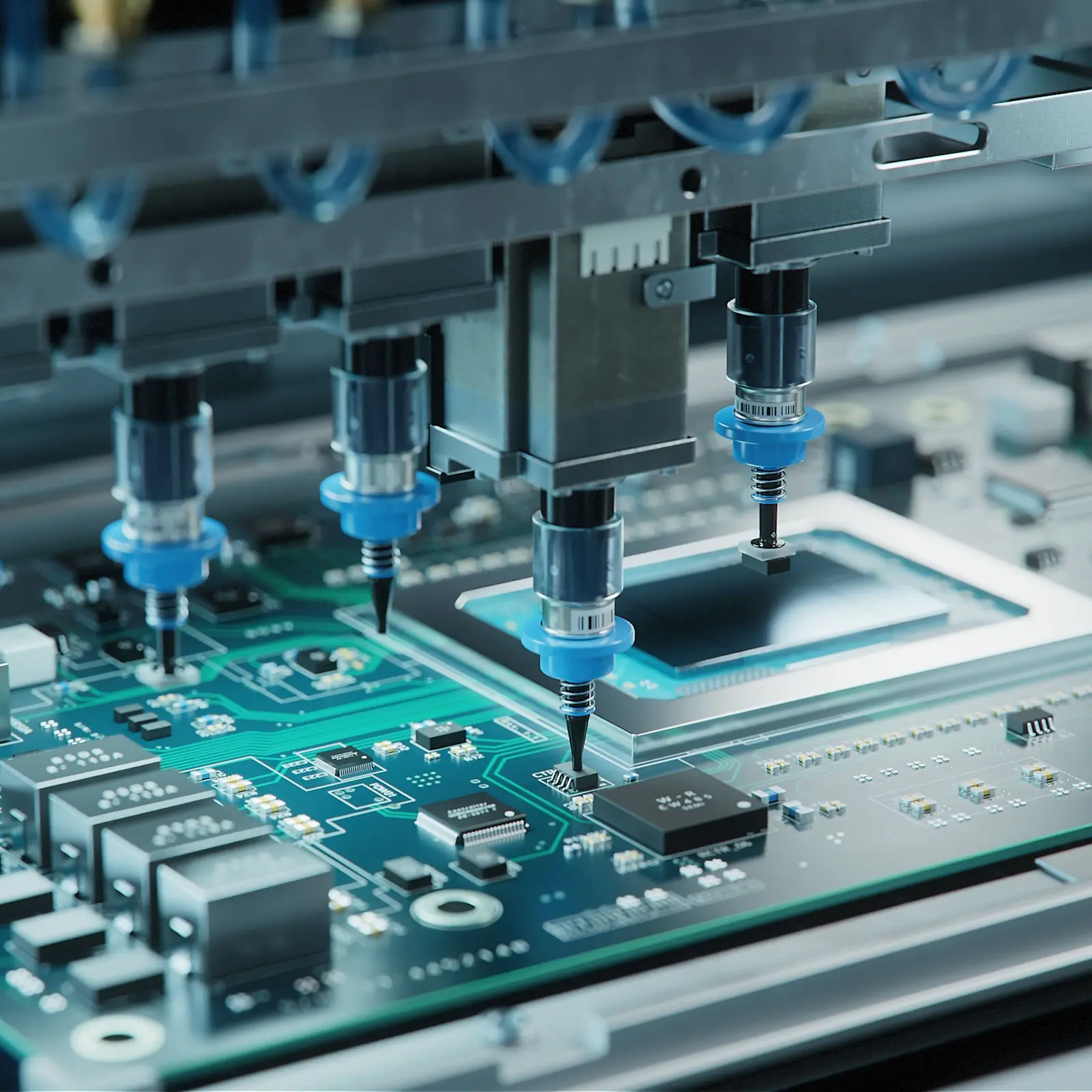 Aanbrengen van lijm op een printplaat met componenten met een machine met 4 naalden