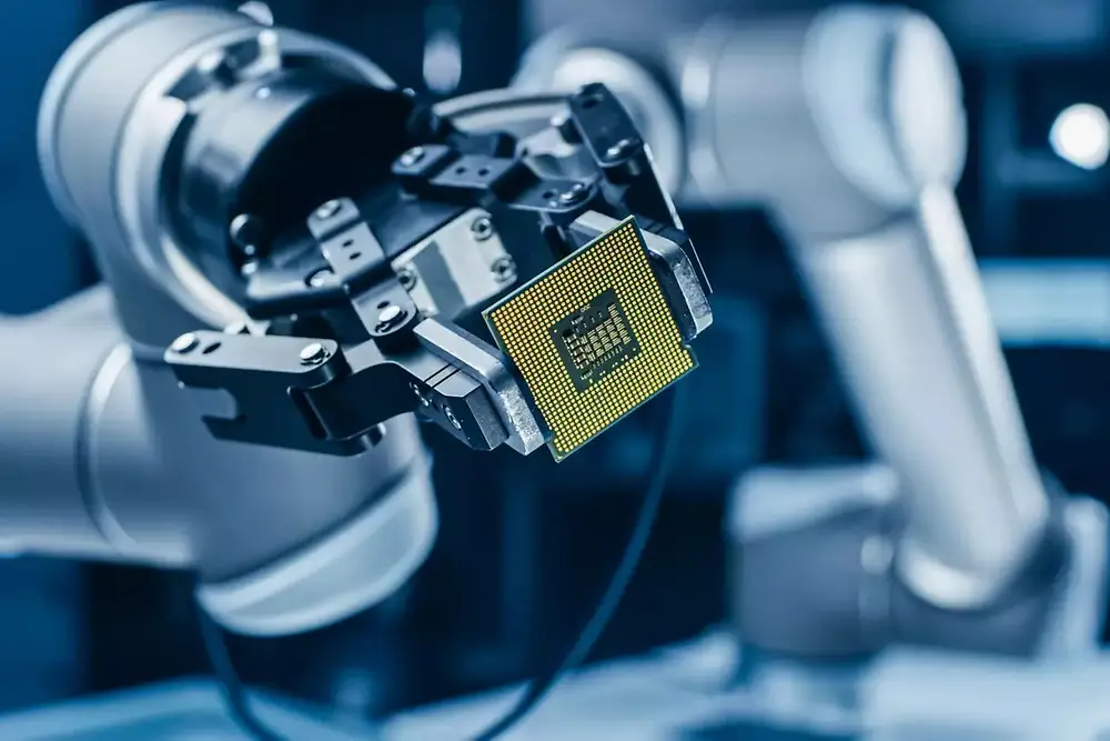 Bras robotisé actionnant des machines automatisées dans un environnement de fabrication de semi-conducteurs.