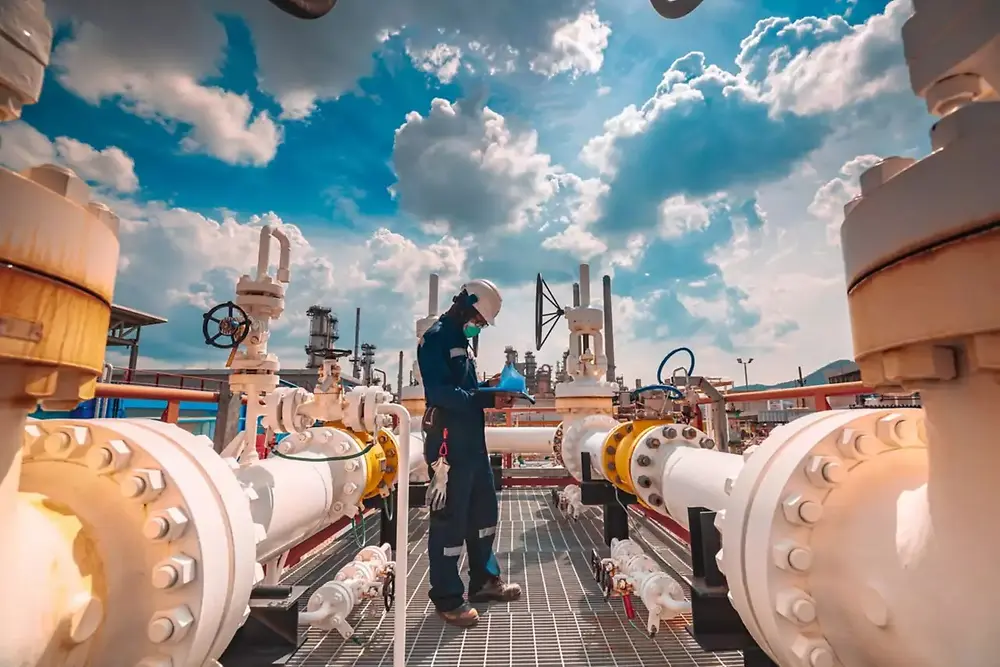 Installation industrielle avec de grands pipelines et des ouvriers inspectant les équipements à l'extérieur.