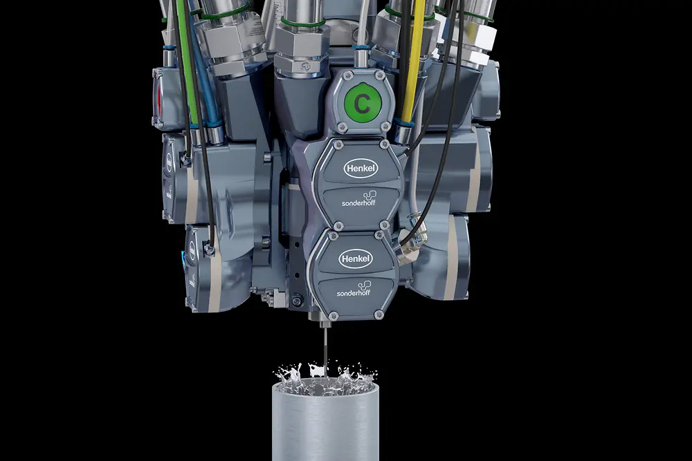 
Sensor-controlled 2/3-component mixing head MK 800 PRO with ecological high-pressure water rinsing for cleaning the mixing chamber from material build-up of reactive materials for sealing, bonding and potting.