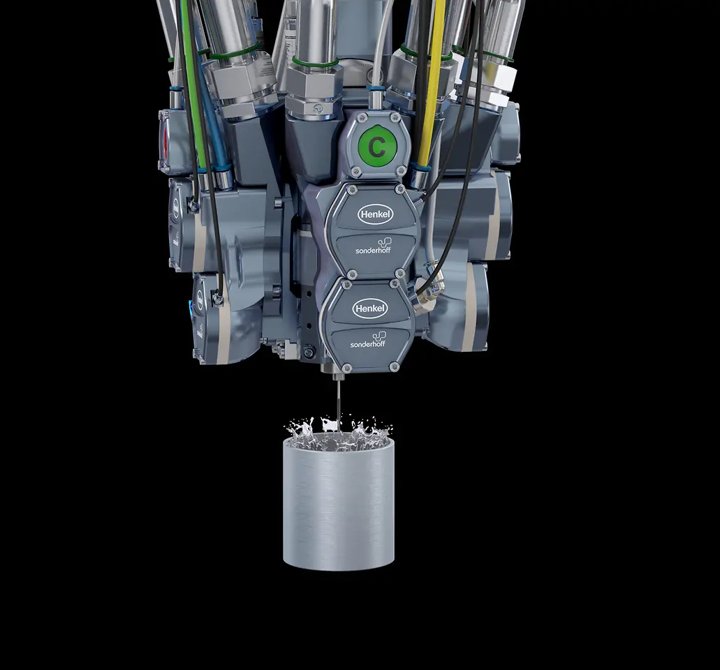 
Sensor-controlled 2/3-component mixing head MK 800 PRO with ecological high-pressure water rinsing for cleaning the mixing chamber from material build-up of reactive materials for sealing, bonding and potting.