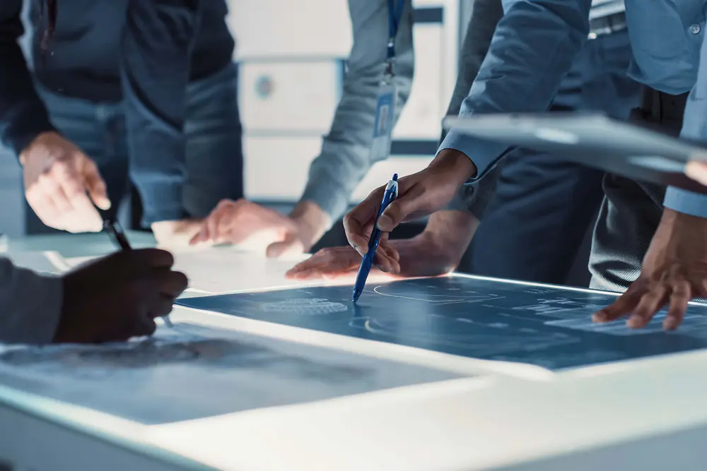 Vue rapprochée de plusieurs personnes réunies autour d’une grande table lumineuse, examinant et annotant des plans techniques à l’aide de stylos et d’outils numériques